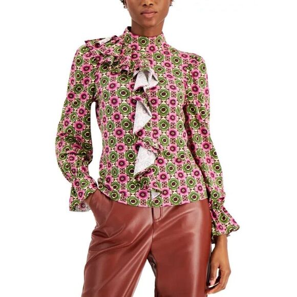INC International Concepts Printed Ruffled Top, Bev Floral, Sz. S - Picture 1 of 12